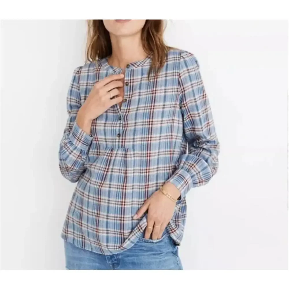 Madewell Popover Blouse Top Blue Plaid Puff Sleeve Swing Pleated Cotton Linen